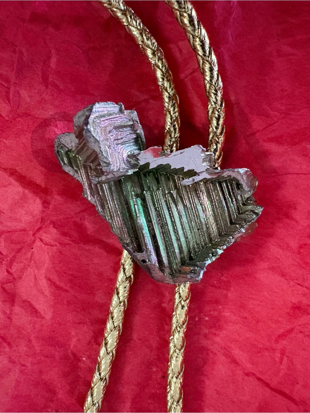 Iridescent Green Bismuth Bolo Tie with Gold Cord